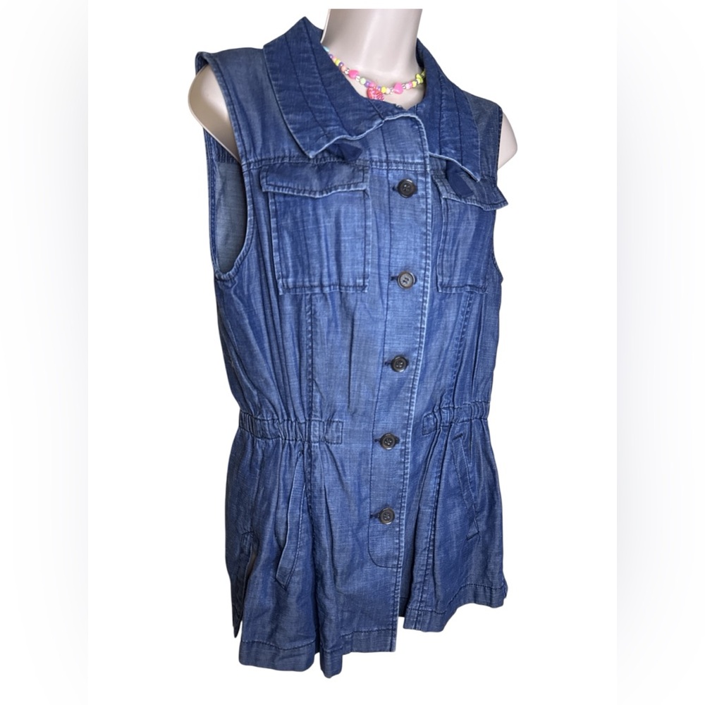 Talbots Adjustable stand collar Dark CHAMBRAY VEST Pockets Sleeveless Botton - Picture 4 of 7
